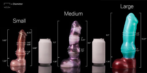 Dimensions of all sizes of Charlie, a fantasy knotted silicone dildo.