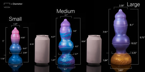 Combined measurements for all sizes of Rover, our canine fantasy silicone sex toy.
