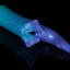 Fantasy shark-inspired silicone stroker in a gradient of teal to purple, featuring subtle ridges, twin pelvic fins framing the entrance, and a long, pointed tail, displayed on a black background.