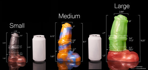 Combined measurements for all sizes of Taro, our silicone dildo.