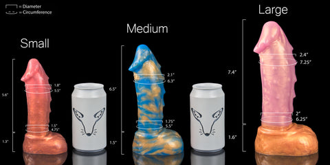Combined measurements for all sizes of Sasha, our feline barbed fantasy silicone sex toy.